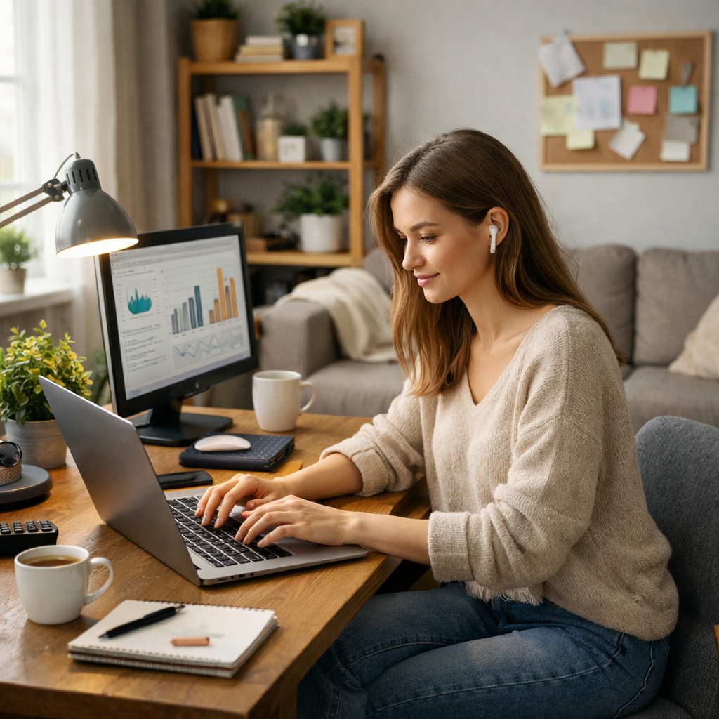 Удалённая работа — девушка за ноутбуком